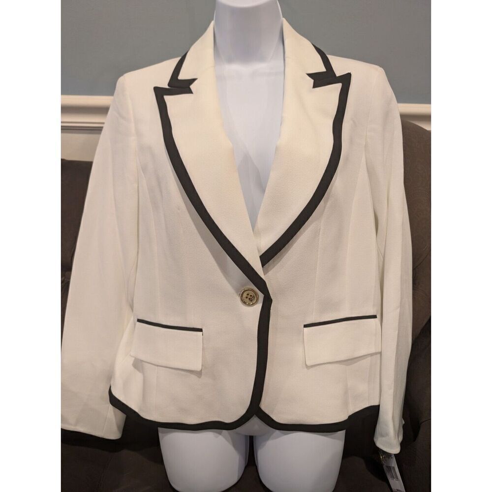 LE SUIT Womens Contrast Trim Notch Collar One-Button Blazer Jacket White BNWT